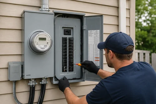 Electrician working on an electrical service panel